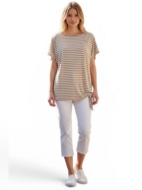 Michael Kors Beige & White Striped Side Tie Knit Top, L